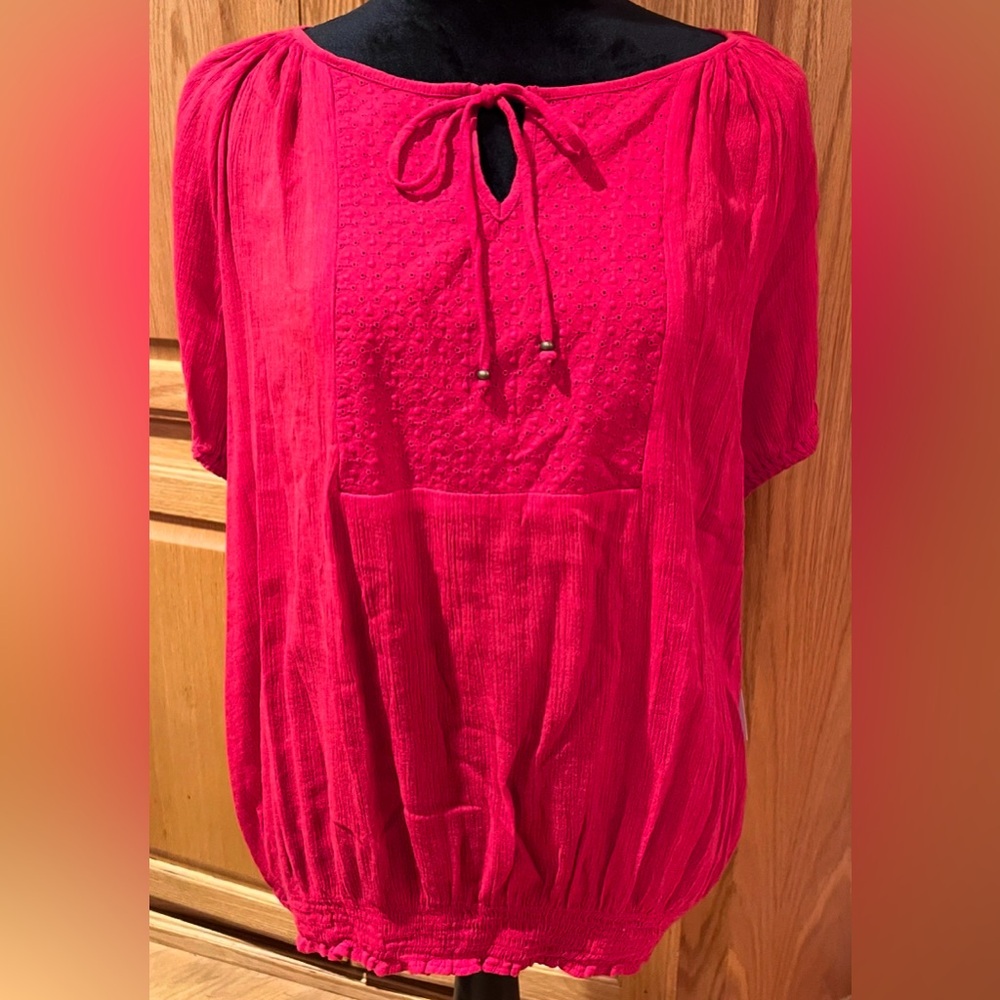 Chaps by Ralph Lauren Eyelet Tassle Tie Puff-Sleeve Peasant Top in Yacht Red XL